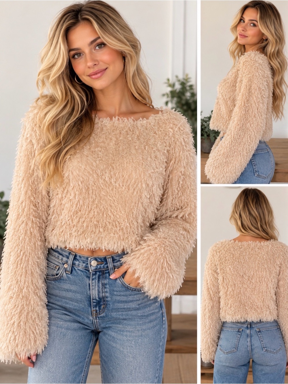 Free People Beige Faux Fur Cropped Boat Neck Pullover Sweater Long Sleeve S/P